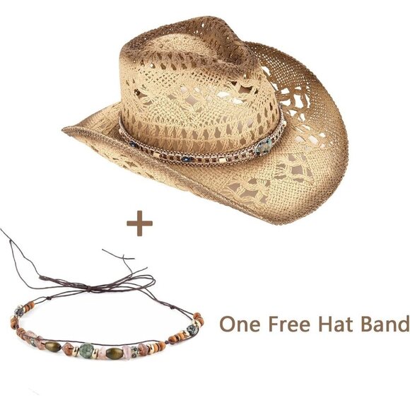 Women\'s Beige Straw Cowgirl Woven Western Two Decorative Bands Sun Hat
